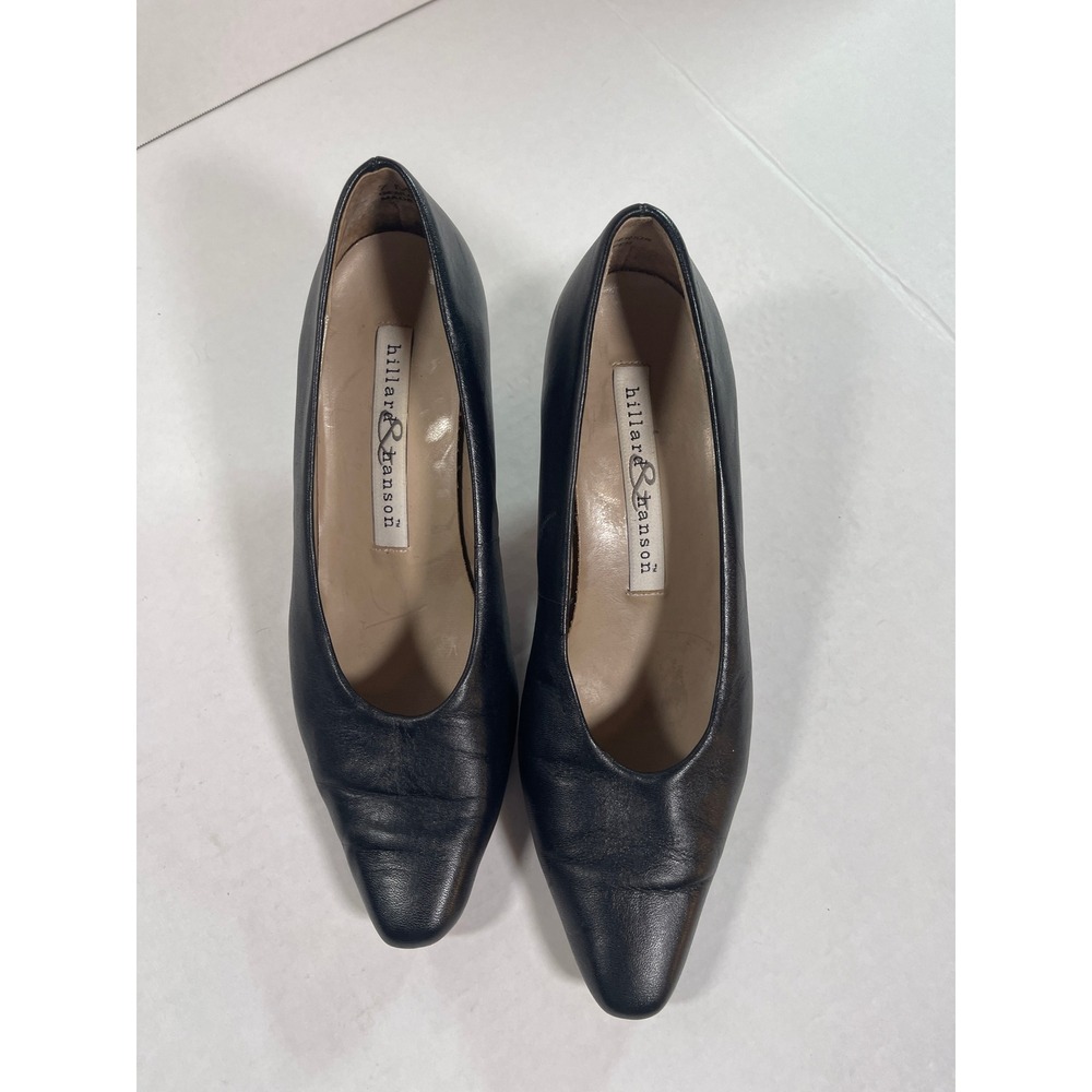 Hillard & Hanson Womens Black Leather Pointed Toe Flared Heel Pumps Size 7M